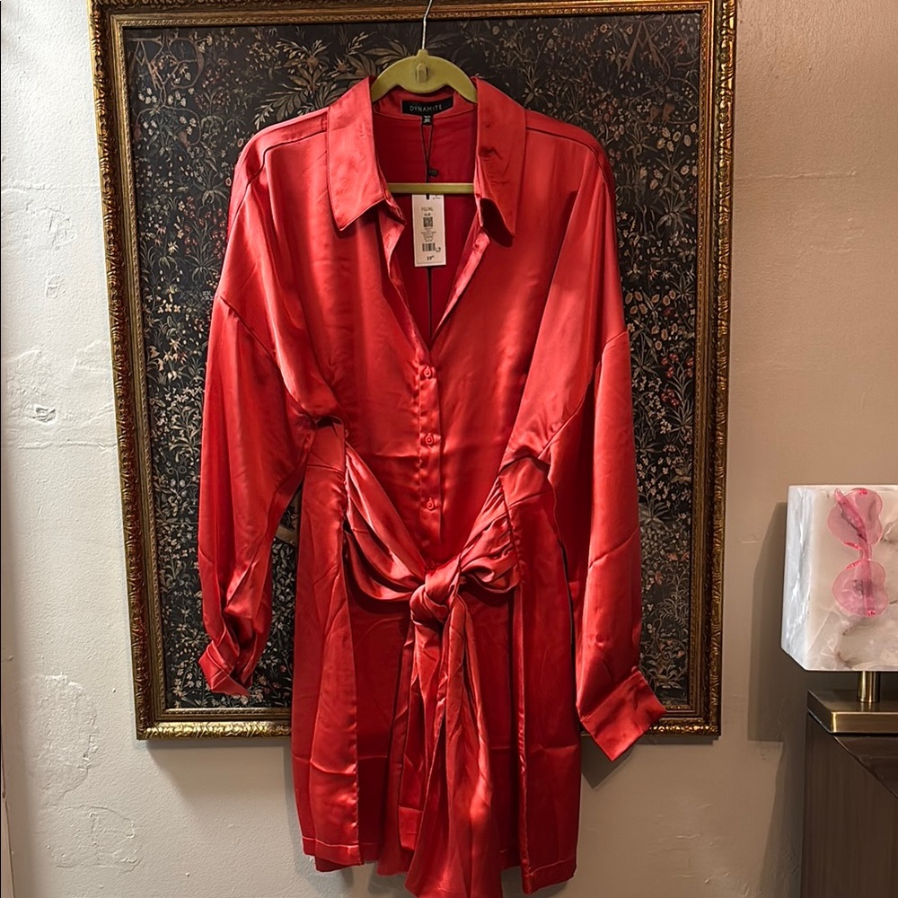 Elie Cranberry Satin Shirt Dress w Front Tie